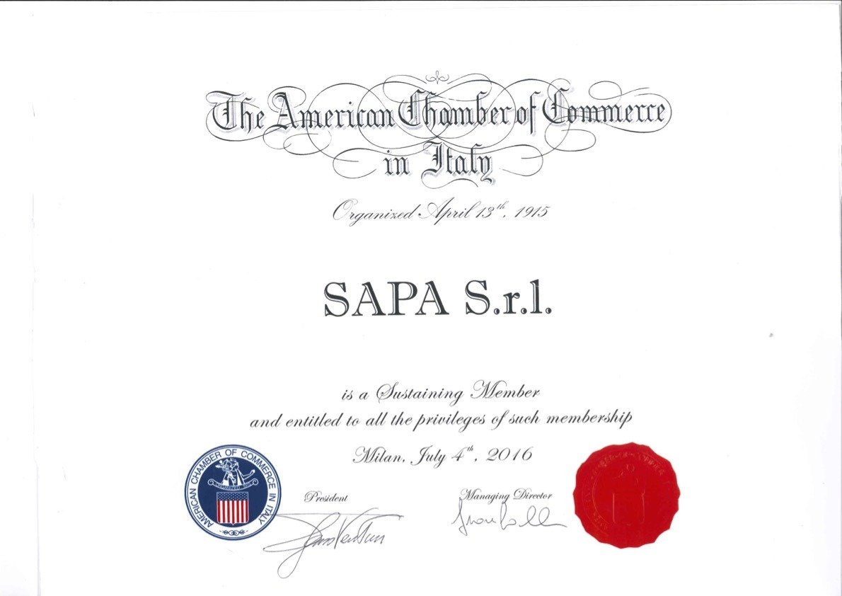 Certificato SAPA Group iscrizione The American Chamber of Commerce